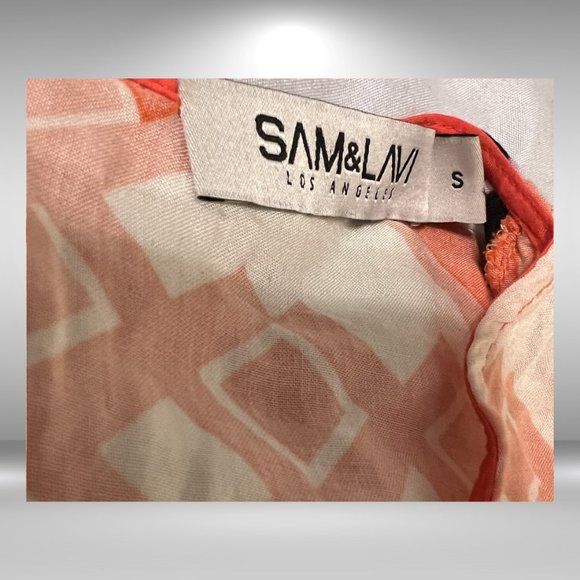 Anthropologie Sam & Lavi Short Sleeve Orange Chevron, Navy Diamond Pattern Shirt - Picture 3 of 3